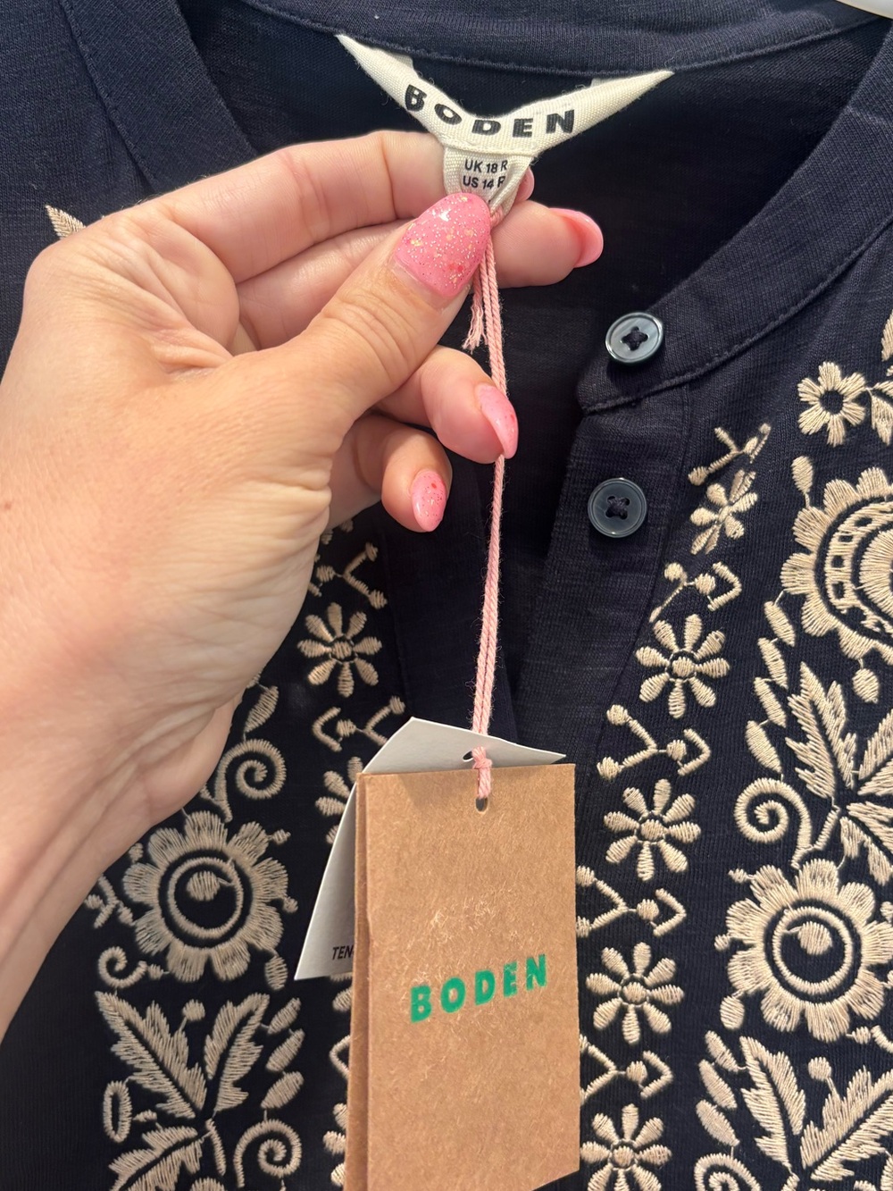 Boden Edwina Jersey Shirt Dress Midi Embroidered Navy Long Sleeve 14 Reg NWT - Picture 8 of 12